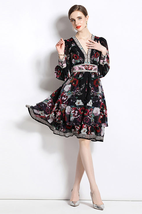 Stunning Charming Black Floral Print V-Neck Designer Dress, Lantern Sleeves, Wavy Edge Party, Dinner, Cocktail, Festive Dress